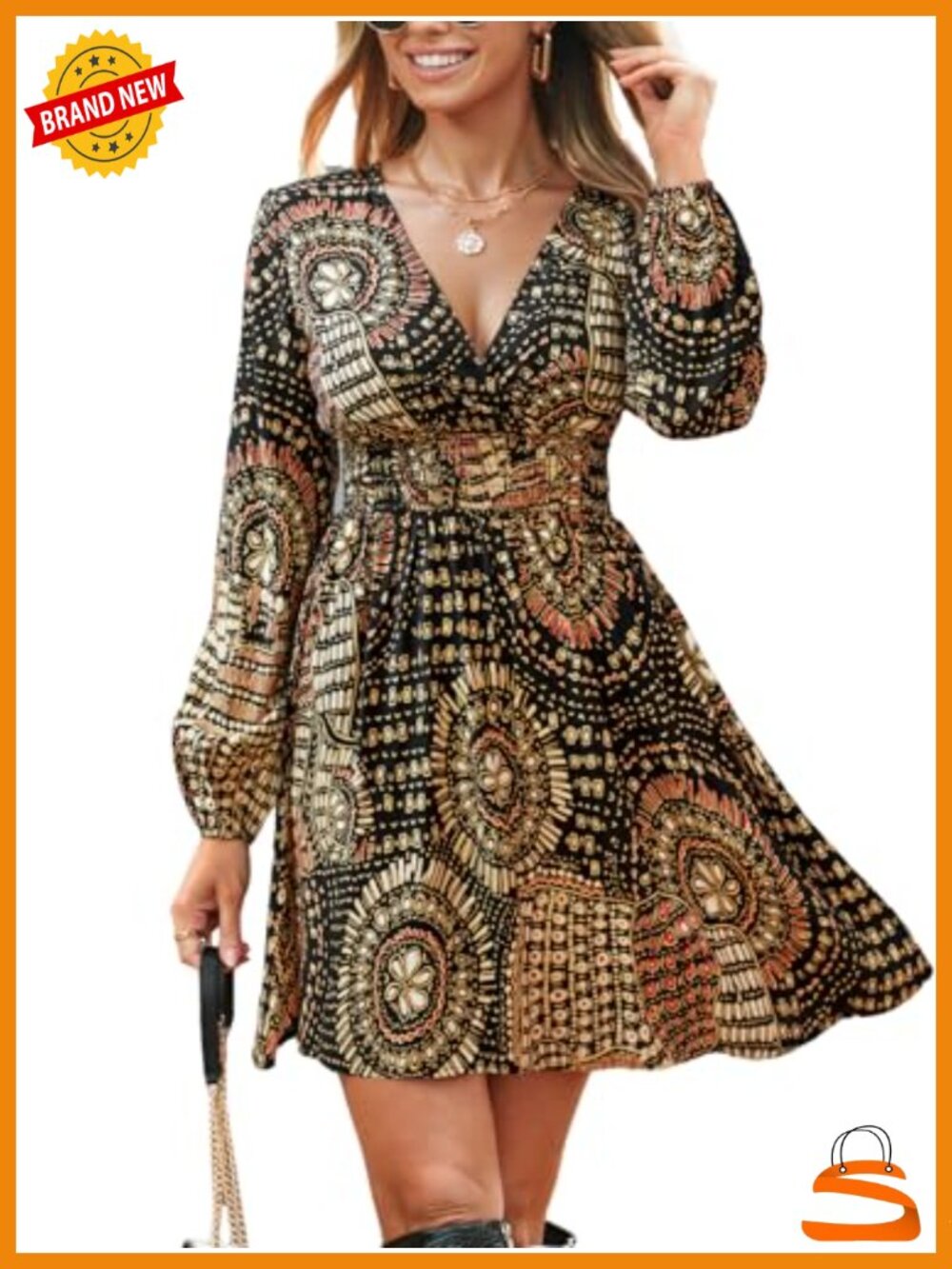 Women's Wrap V-Neck Paisley Long Sleeve Mini Dress Smocked Waist